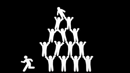 崩壊しかけているピラミッド組織から逃げ出すピクトグラム人形
