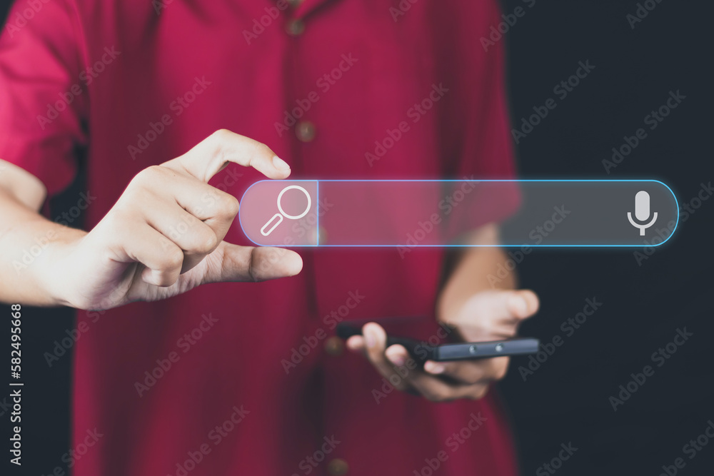 Wall mural search engine optimization concept woman using a computer notebook to find searching browsing intern