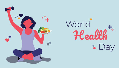 illustration of world health day woman with healthy food and dumbell in flat design landscape panoramic eps 10