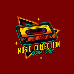 Original vector emblem in retro style. Vintage music cassette with magnetic tape.