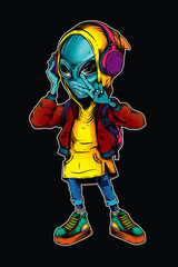 Original vector illustration. An alien in a hood with headphones, in stylish clothes. T-shirt design, or stickers.