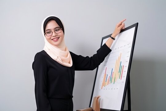 A woman in a hijab stands next to a board with a graph. Generative AI