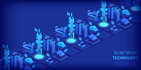 5g network technology concept. Wireless mobile telecommunication service. City buildings with telecommunication towers. Marketing website landing template. Isometric vector illustration. - obrazy, fototapety, plakaty