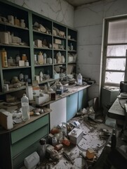 Messy room of abandoned house. Lots of bottles, boxes and jars on the chests and shelves. Generative AI.