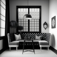Black and white couch in a cozy modern living room interior with big windows, Generative AI
