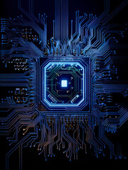 Microcircuits with neon glowing centre. Artificial intelligence web banner. Generative AI.