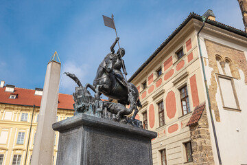Low angle shot of the statue of Saint George slaying the dragon in Prague, Czech Republic