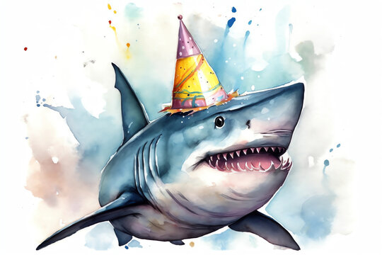 shark wearing a birthday party hat