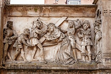 Medieval bas-relief with the biblical story of Carrying the Cross in Bamberg, Germany