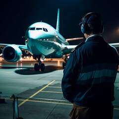Male airport dispatcher wearing headphones standing his back to camera. Shiny airplane at backdrop. Night background. Generative AI.