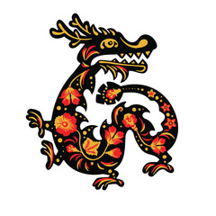Black and red Khokhloma dragon, monster, vintage, vector illustration