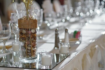 Closeup shot of a jar of colorful beads as a decoration on a wedding table