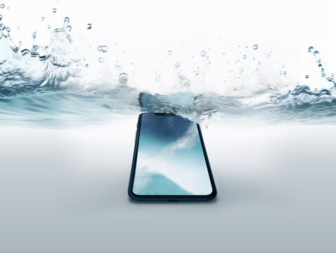 Smartphone taucht in Wasser ein, vor weissem Hintergrund