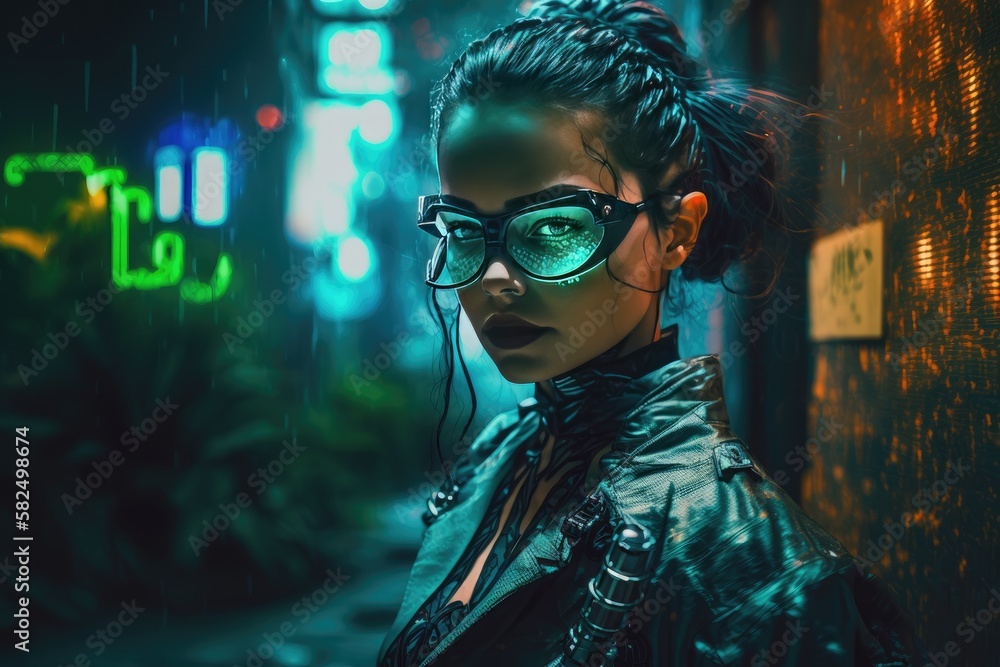 Wall mural ai woman cyber stands with her smart glasses on night futuristic metropolis street. ai generated