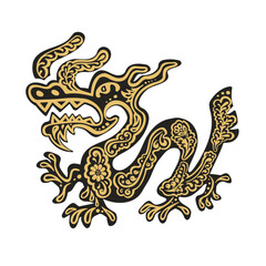 Dragon, monster in Khokhloma painting style, black and gold and vector illustration