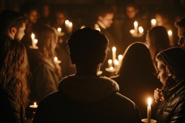 People hand holding candle for pray. AI generated - obrazy, fototapety, plakaty