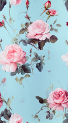 Repeat Pattern of Pink Roses Against Sky Blue Background