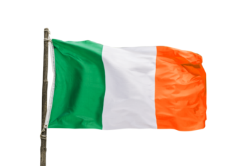Photo of an irish flag on a wooden pole isolated on transparent background, Ireland symbol, png file