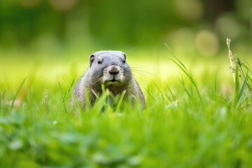 Fototapeta premium the adorable gray gopher on the lush summer grass. Generative AI
