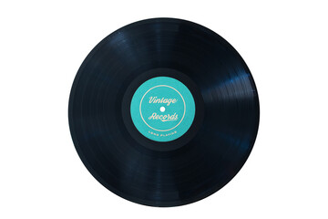 Vinyl record with a blue vintage generic label isolated on transparent background, png file