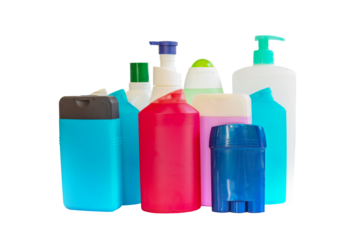 Photo of a collection of colorful plastic bottles and containers of hygiene products on isolated on transparent background, png