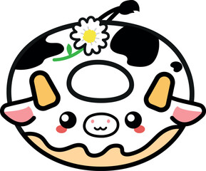 Cute kawaii donut in shape of a cow smiling with small daisy flower