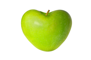 Green apple in the shape of a heart isolated on transparent background, healthy fruit and food diet concept, png file