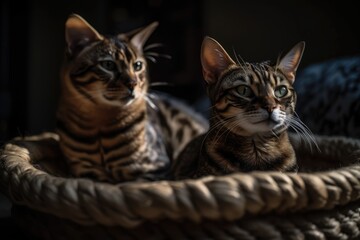 Cat and Bengal cat share a bed. Generative AI