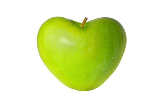 Green apple in the shape of a heart isolated on transparent background, healthy fruit and food diet concept, png file