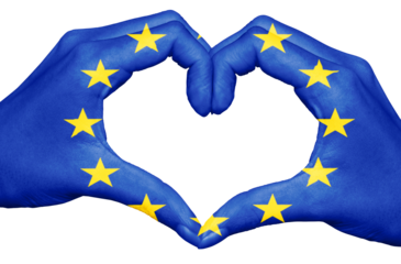 European union flag painted on hands forming a heart isolated on trasparent background, EU europe concept, european parliament elections, png file