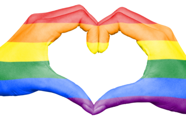 Rainbow flag painted on hands forming a heart isolated on transparent background, gay and LGBT love concept, png file