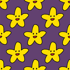 Seamless pattern with smiling yellow stars on violet backgound. Vector image.