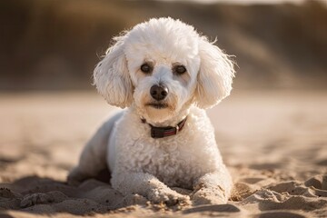 White furred poodle relaxing on the sand. Generative AI