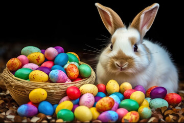 Fototapeta na wymiar Cute Easter bunny and multicolored Easter eggs on a black background, generative ai