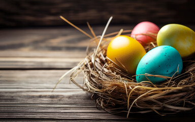 Traditional easter egg decor, copy space on wooden background, generative ai