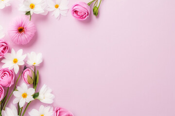 Naklejka na ściany i meble Plants and flowers on pink background. Generative AI.