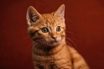 Fototapeta na wymiar Scottish straight red tabby kitten in hilarious poses against a burgundy background. Generative AI
