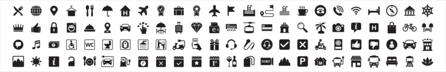 Travel and tour icons set. Tourism vector icon collection. City hotel facility sign. Contains symbol of airport, airplane, mountains, bicycle, electric vehicle, crown, globe, passport, gondola lift.
