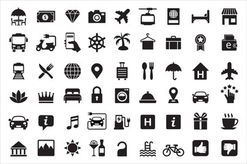 Travel and tour icons set. Tourism vector icon collection. City hotel facility sign. Contains symbol of airport, airplane, mountains, bicycle, electric vehicle, crown, globe, passport, gondola lift. - obrazy, fototapety, plakaty