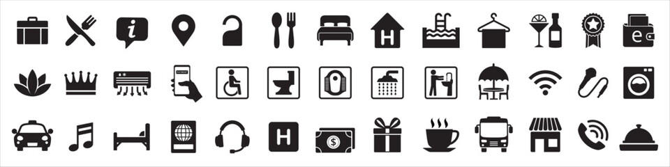 Travel and tour icons set. Tourism vector icon collection. City hotel facility sign. Contains symbol of air conditioner, shower, music entertainment, payment method and more.