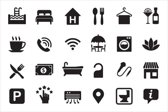 Travel and tour icons set. Tourism vector icon collection. City hotel facility sign.