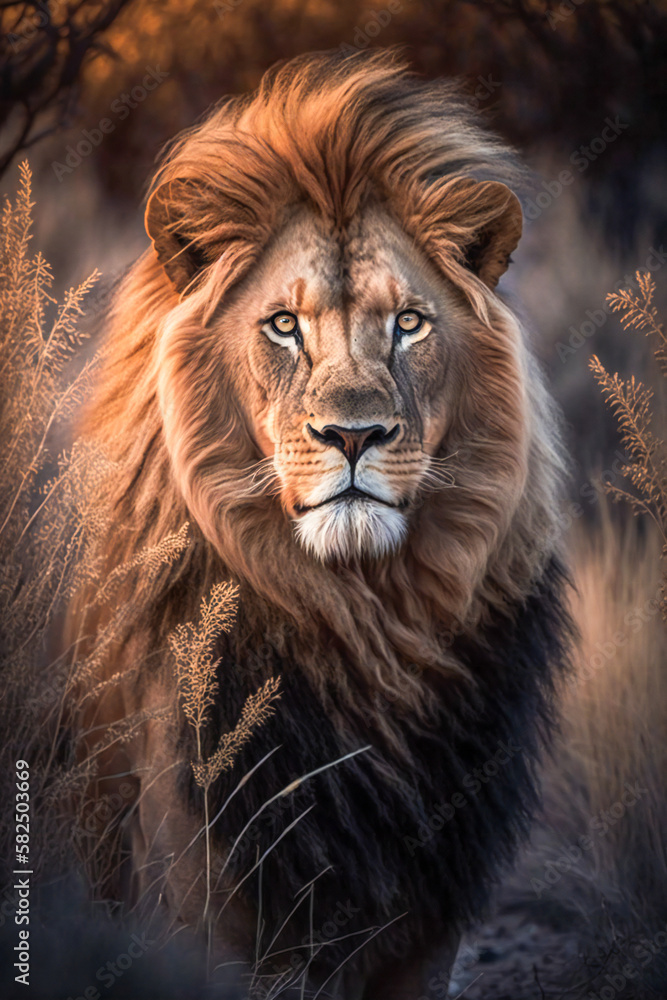 Poster magnificent lion in wilderness. created with generative ai technology.