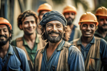 Fototapeta na wymiar A group of happy ethnic workers laughing. Created with Generative AI technology.