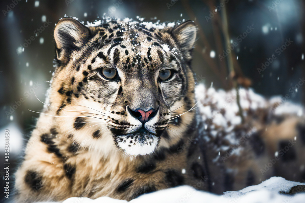 Poster snow leopard in winter. created with generative ai technology.