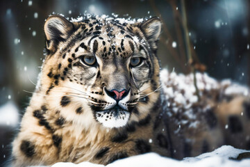 Snow leopard in winter. Created with Generative AI technology.