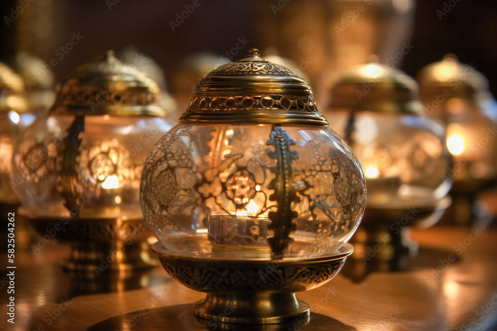 Poster metal filigree lanterns in a middle east bazaar. oriental artwork and craft. created with generative