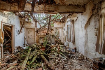 Fototapeta na wymiar Collapsed house from the inside with green mossy wooden panels