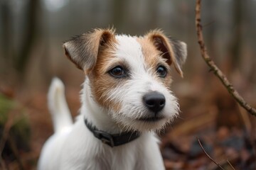 Gorgeous breed puppy In the winter woodland, a Jack Russell Terrier. Generative AI