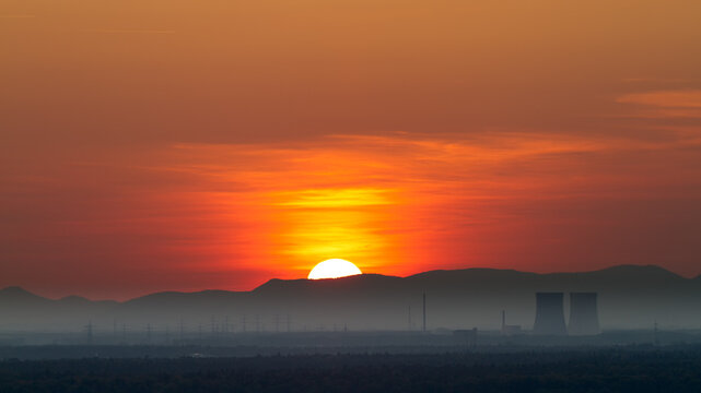 Panorama with Nuclear Power Plant in Philippsburg at sunset, Germany