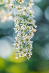 Vertical shot of white cherry blossom against bokeh background